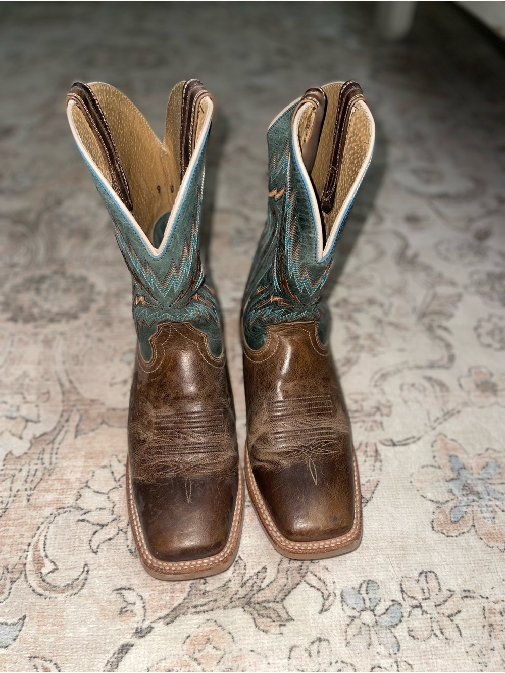 Ariat Brown Leather Cowboy Boots with Teal Shaft